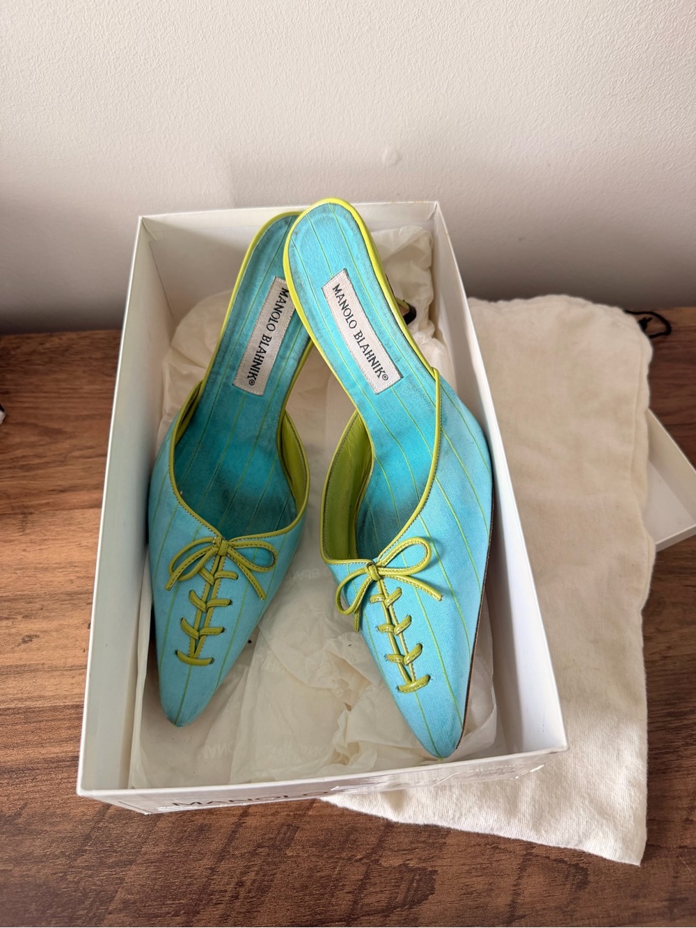 Manolo Blahnik Turquoise with Lime Trim Pointed Slip-On Mules - Picture 2 of 6